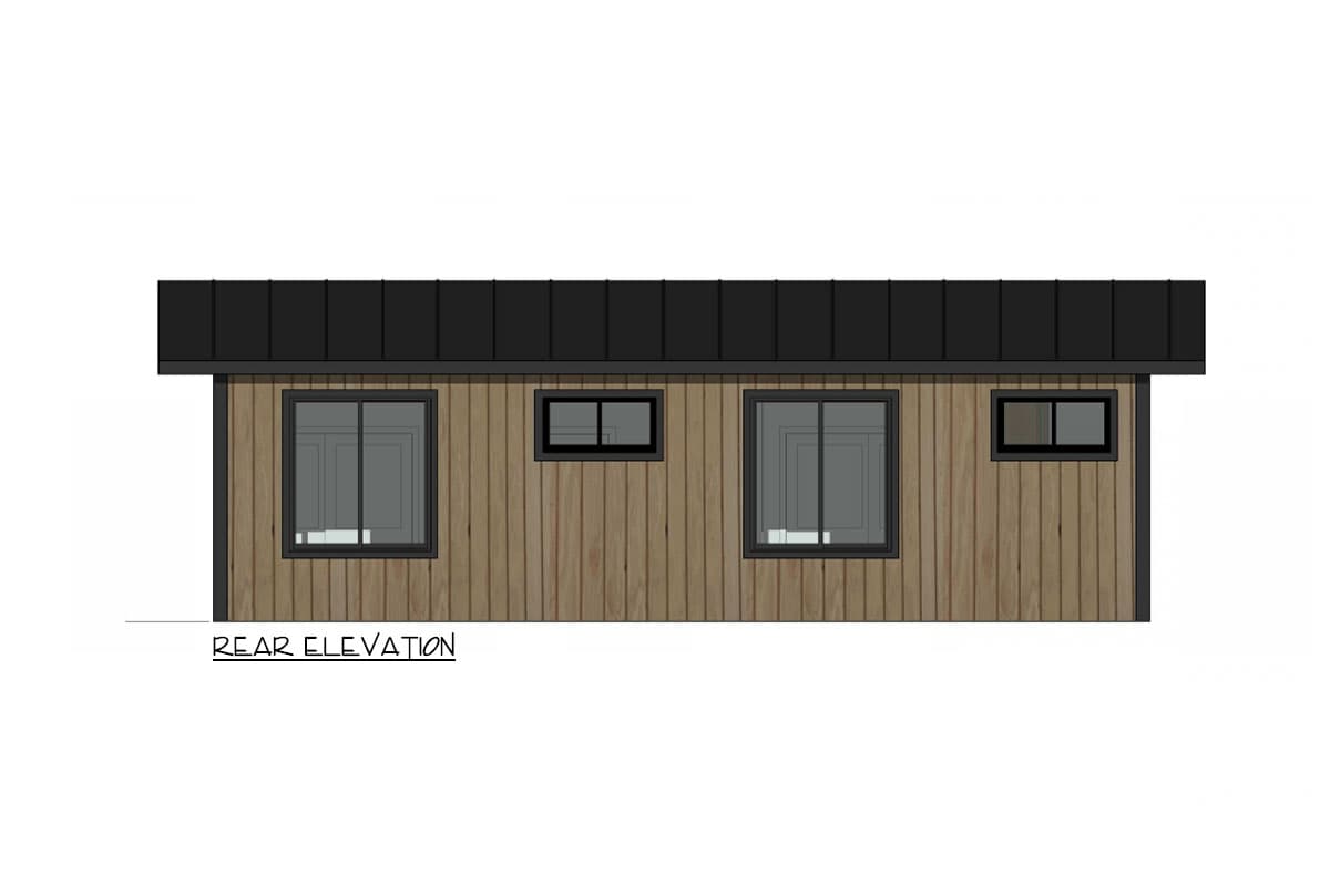 Rear elevation of a house plan with wood siding, a standing seam metal roof, and four windows.