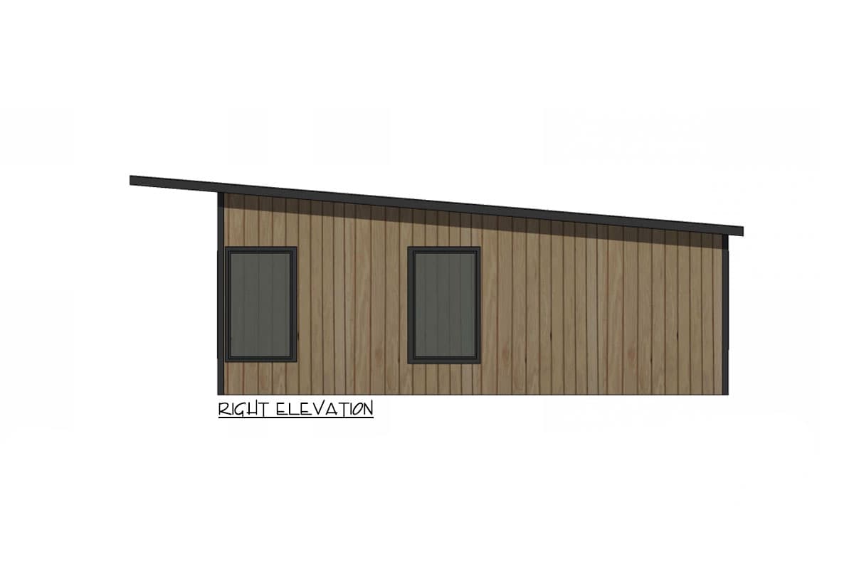 Right elevation of a house plan featuring vertical wood siding and a sloped roofline with two windows.