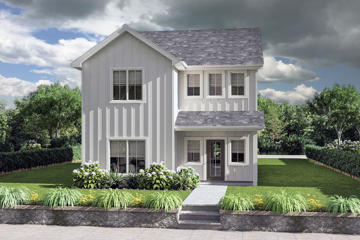House plan exterior. Two-story Modern Farmhouse with board and batten siding, gable roof, and a small front porch.