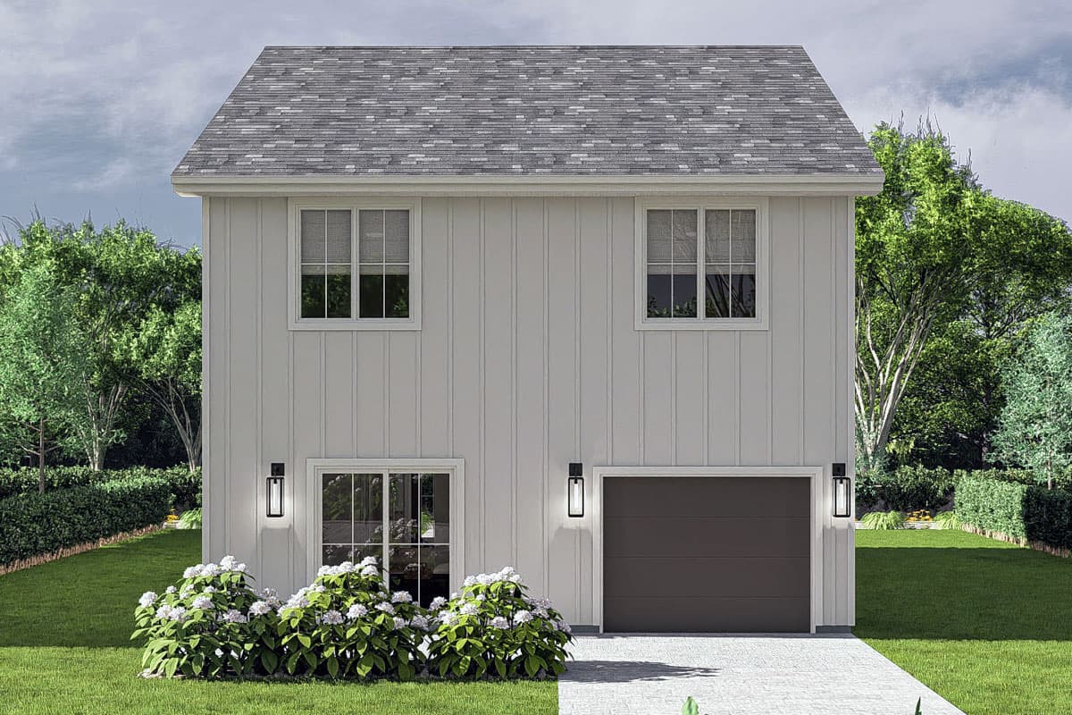 Modern house plan exterior with vertical siding, two stories, gable roof, garage door, and two windows.