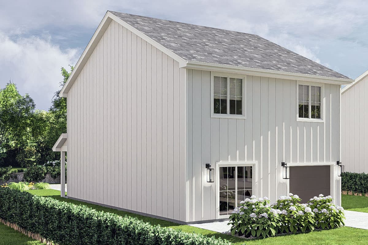 House plan exterior, two-story Modern Farmhouse with board and batten siding, gable roof, and attached garage.