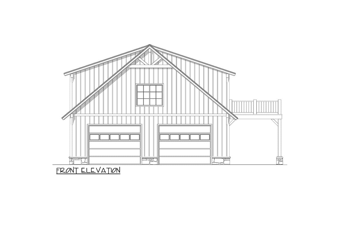 Line drawing of a two-story building with a gable roof, two garage doors on the first floor and a balcony on the side, labeled "FRONT ELEVATION."