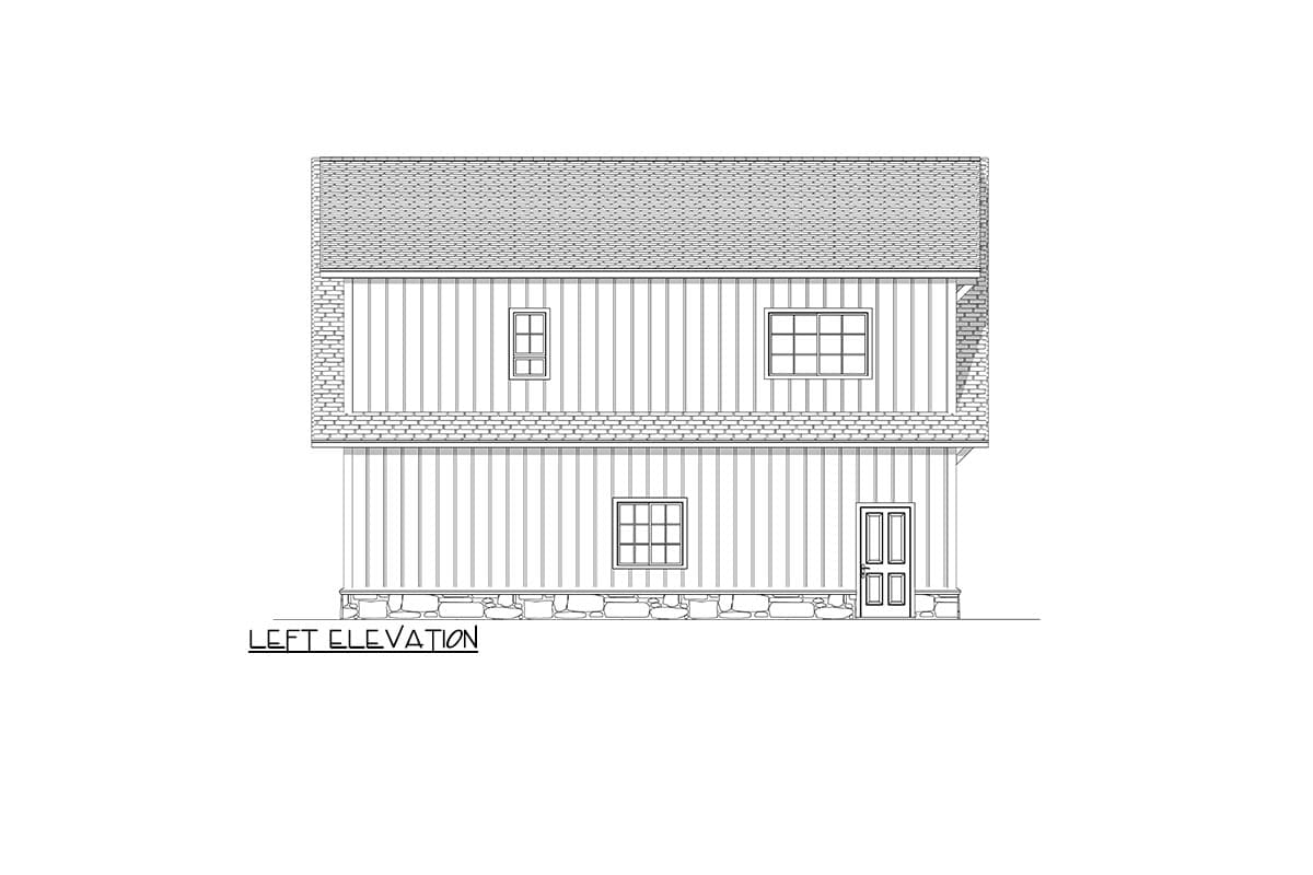 Line drawing of a house's left elevation, featuring a stone foundation, vertical siding, multiple windows, a door, and a shingled roof.