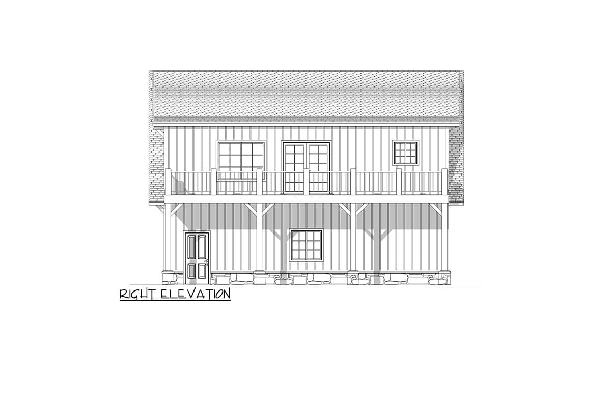 Architectural rendering of a two-story building elevation. It features a porch on the second story, a stone foundation, and a gable roof.