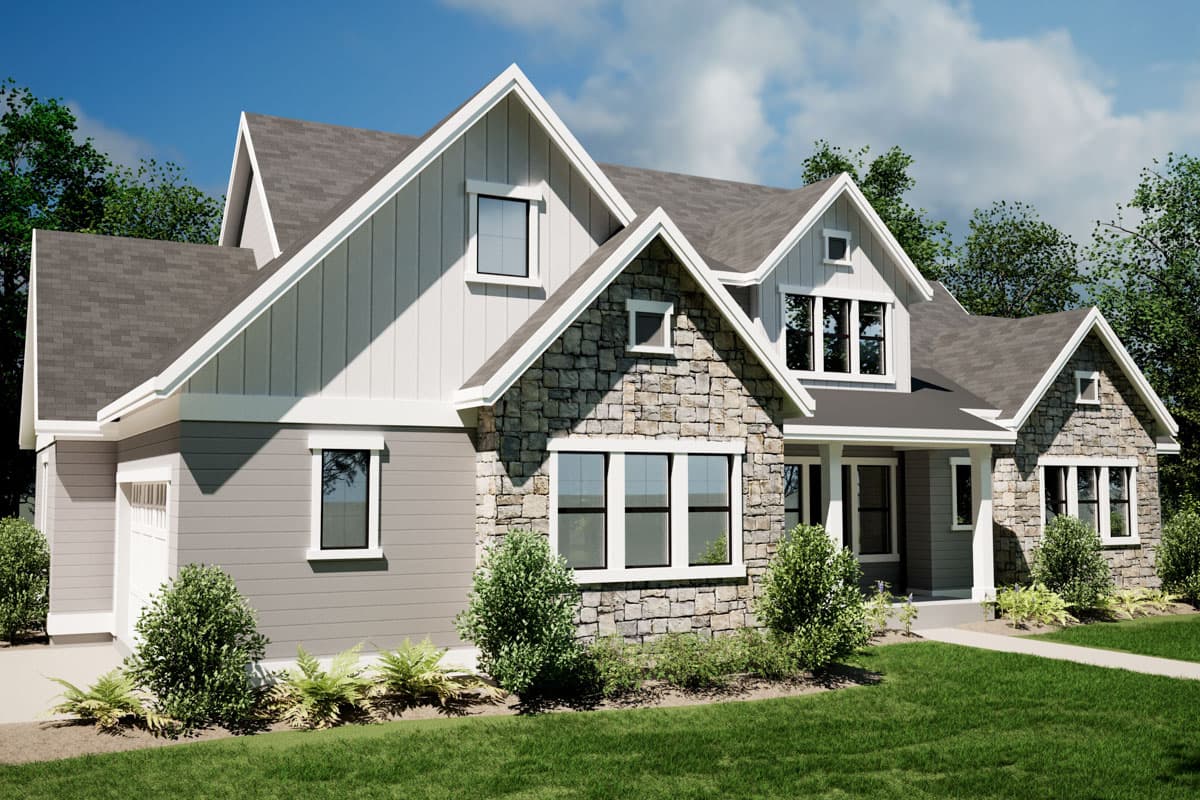 House plan exterior rendering: Two-story home with stone accents, vertical siding, multiple gables, and a side-entry garage.