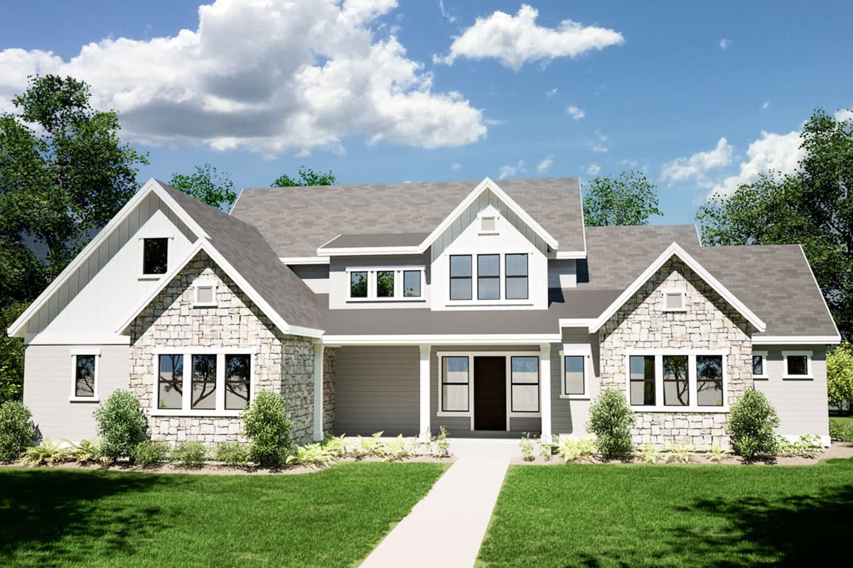 House plan exterior. Modern farmhouse style with stone accents. Features include multiple gables, a covered porch, and a gray roof.
