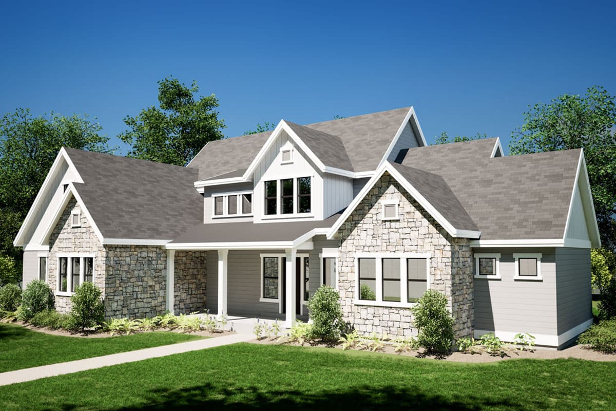 House plan exterior featuring stone accents, gables with dormers, and a covered entryway.