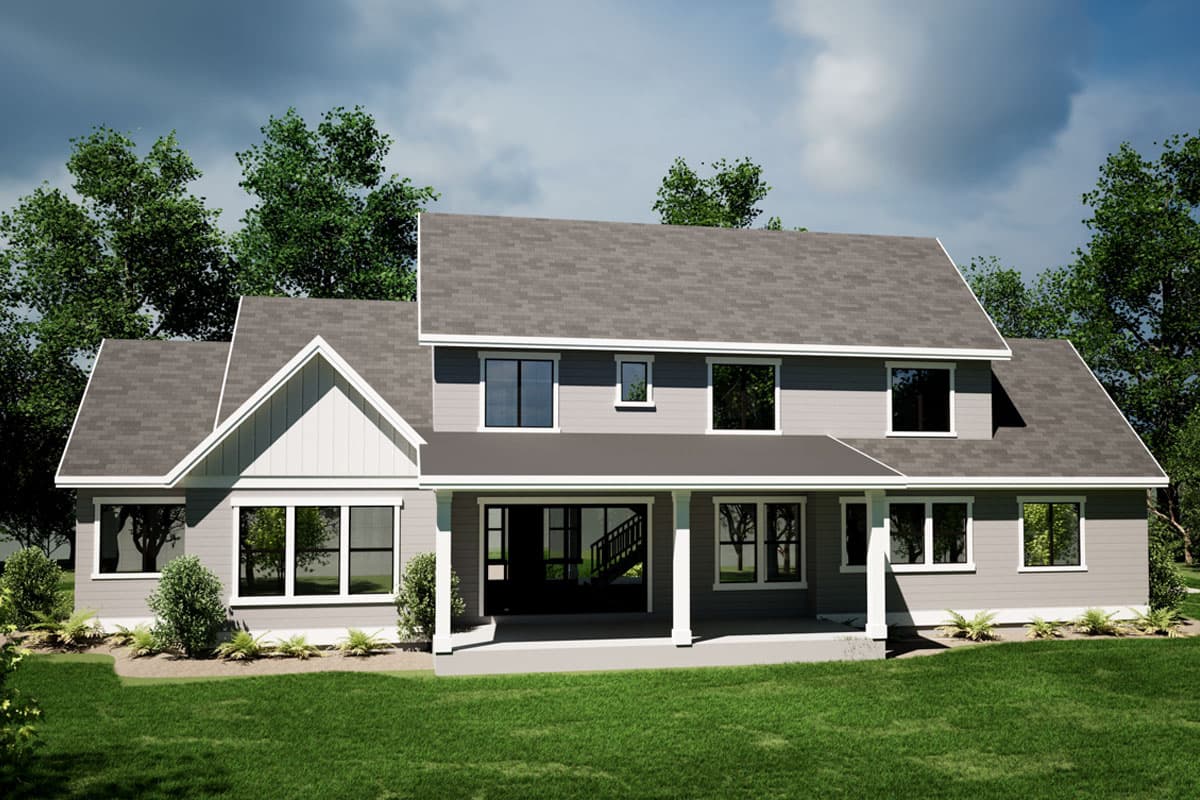 House plan exterior of a two-story home with a covered porch, gabled front section, and diverse window configurations.