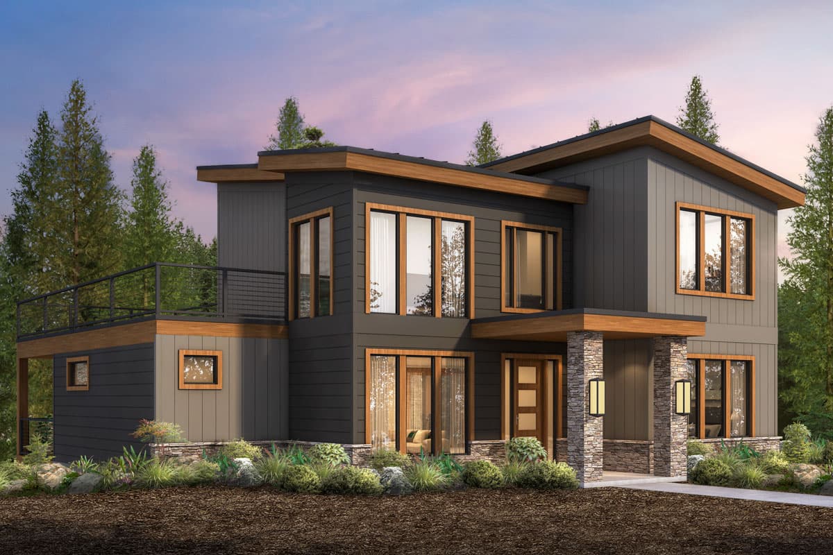 House plan exterior featuring a two-story modern home. Features include a flat roof, large windows, and a covered entry with stone columns.