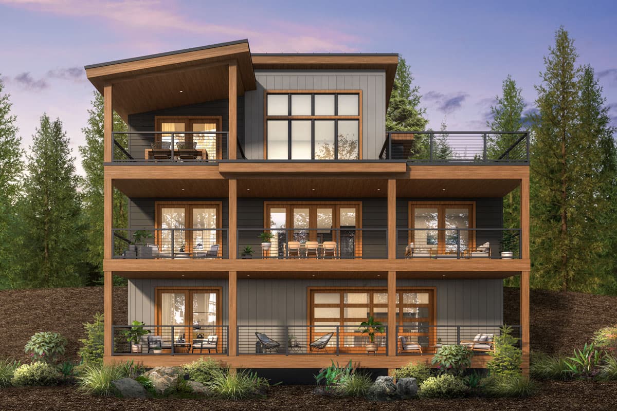 Modern house plan exterior with three stories, cantilevered balconies, and large windows.