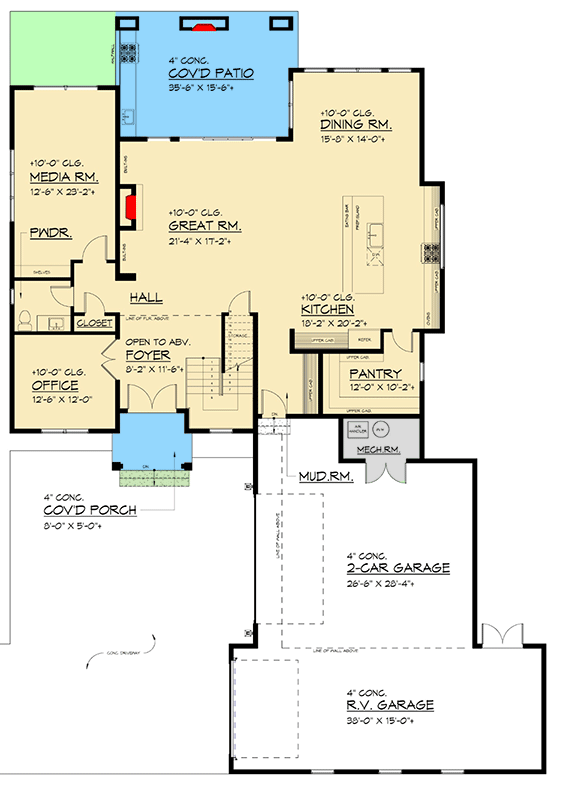 Plan 666283RAF: 4-Bed Modern Farmhouse Plan with RV Garage and an Outdoor Kitchen - 4457 Sq Ft - Floor Plan - Main Level - Barndominium, Contemporary, Modern Farmhouse, New American