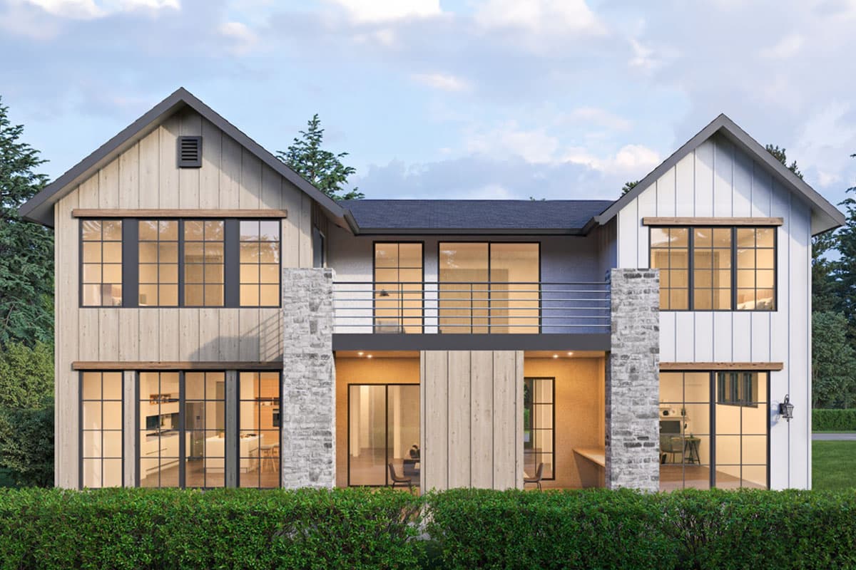 Modern farmhouse house plan exterior, two stories, with board and batten siding, stone accents, and large grid windows.