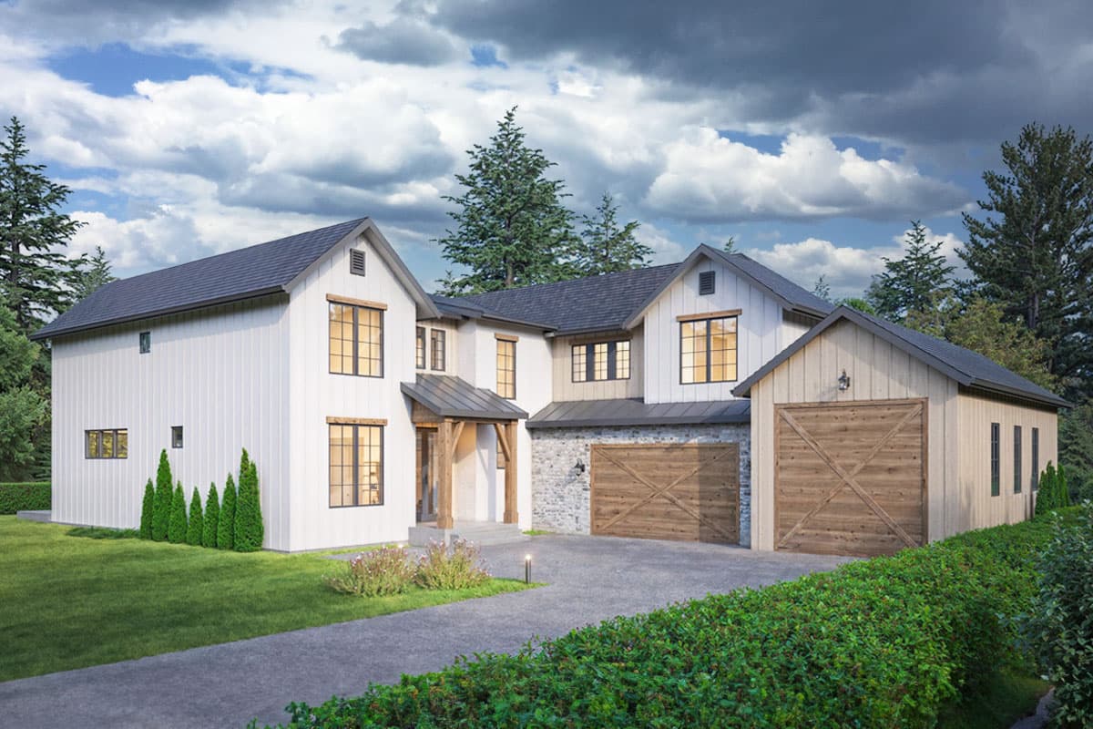 House plan exterior. Two-story Modern Farmhouse with gabled rooflines, a porch with timber posts, and attached garage with wood doors.