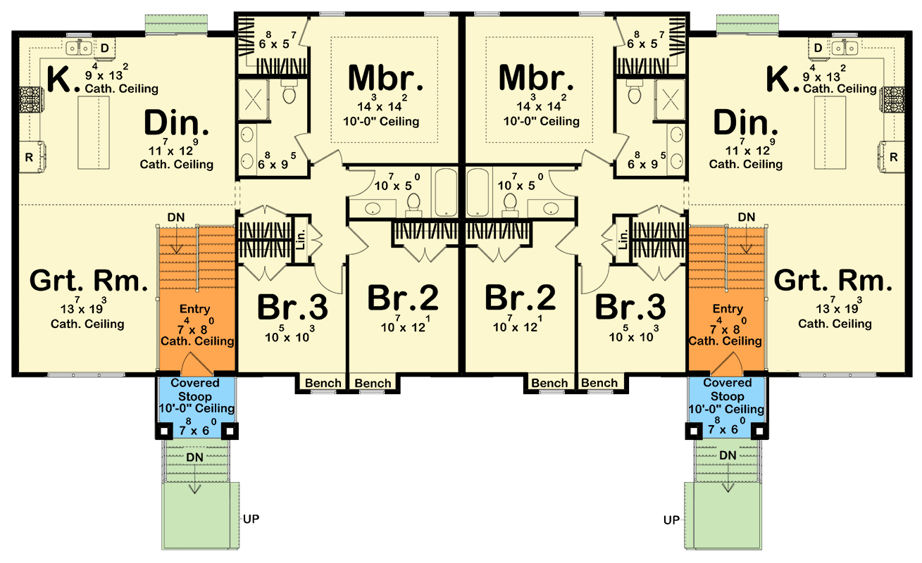 Plan 623439DJ: Traditional Split Level Duplex House Plan with Vaulted Open Concept Living - 1981 Sq Ft Per Unit - Floor Plan - 2nd Floor - Country, New American, Traditional