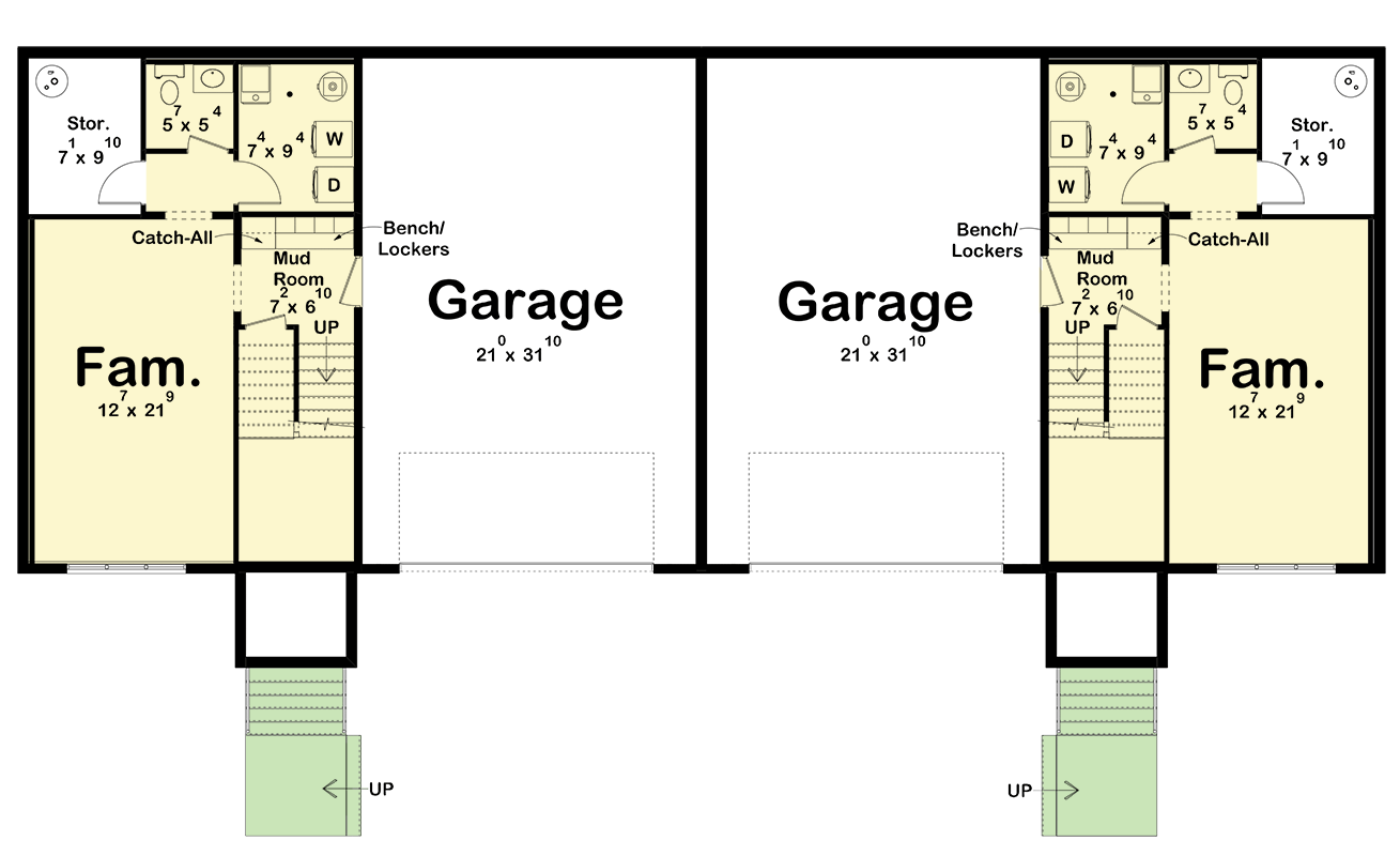 Plan 623439DJ: Traditional Split Level Duplex House Plan with Vaulted Open Concept Living - 1981 Sq Ft Per Unit - Floor Plan - Main Level - Country, New American, Traditional