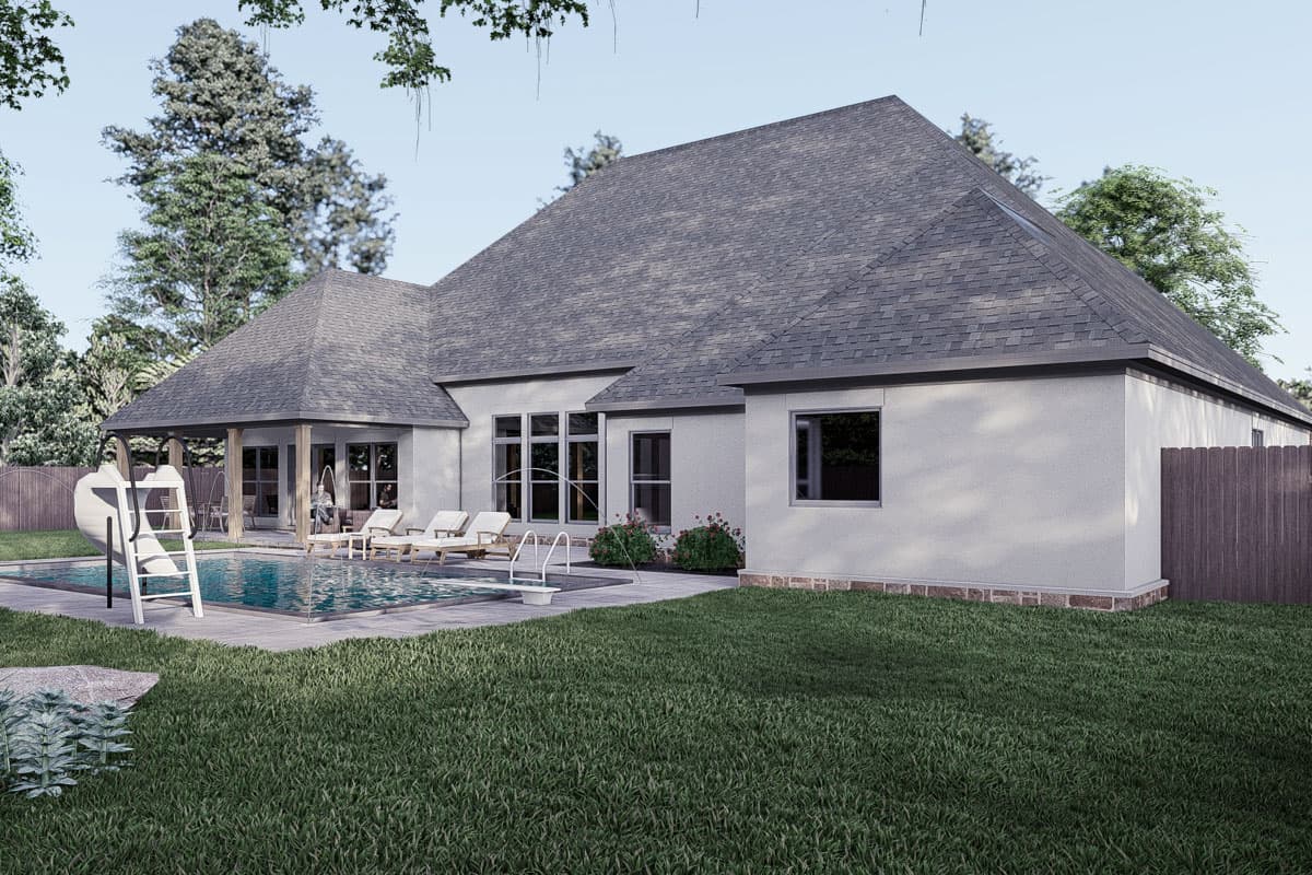 House plan exterior rendering of a one-story home with a covered porch, large windows, and a swimming pool.