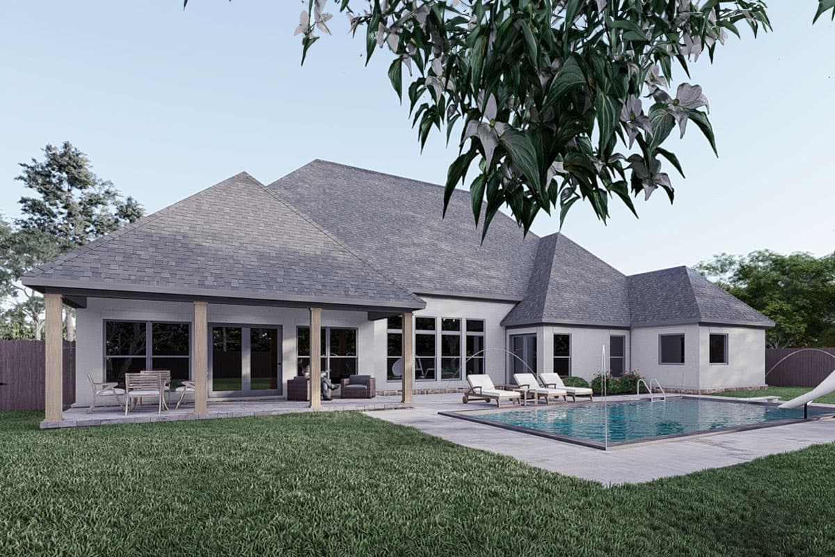 House plan exterior: One-story home with covered patio, multiple gables, and a swimming pool.