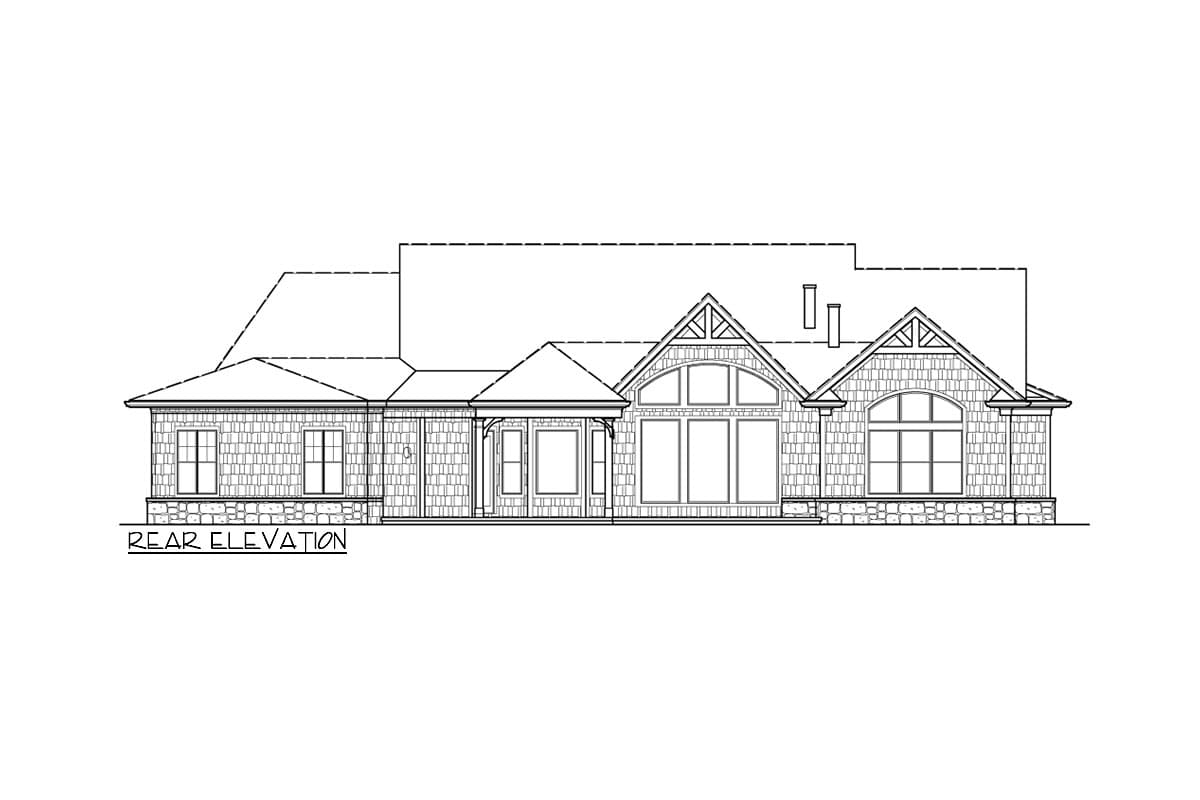 Rear elevation house plan with shingle siding, stone base, gable details, and arched windows.