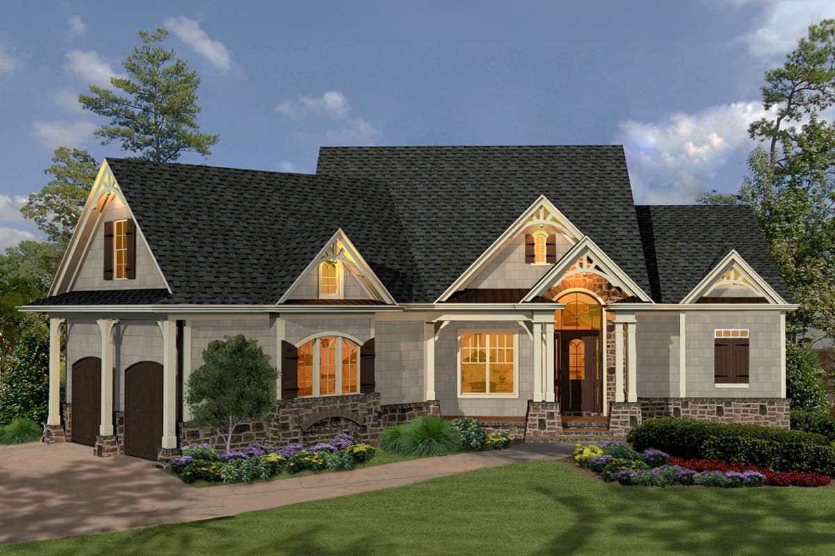 House plan exterior featuring Craftsman style, single story, with gables, stone accents, and a covered entry porch.