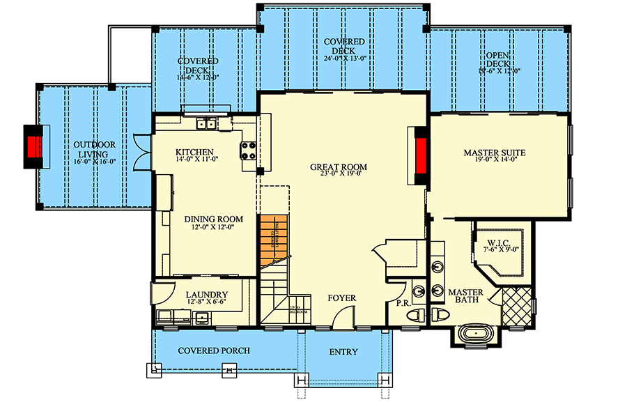 Plan 24133BG: Two-Story Contemporary Mountain House Plan with Two Master Suites - 374 Sq Ft - Floor Plan - Main Level - Contemporary, Mountain