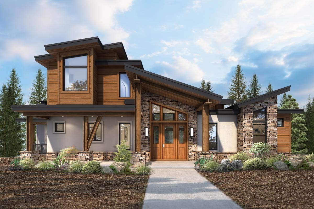 House plan exterior with wood siding and stone accents. Features include a multi-gabled roofline, entry porch with timber supports, and large windows.