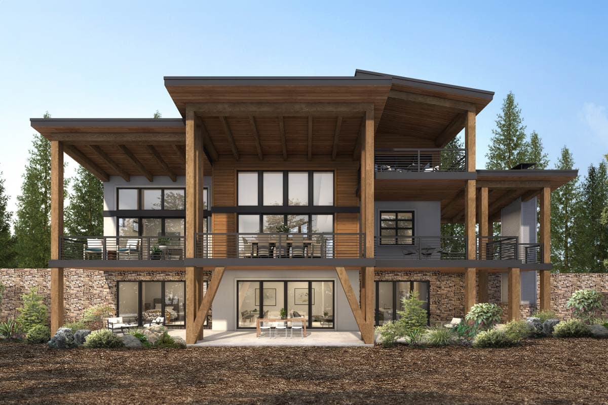 Modern house plan exterior with three stories, extensive wood framing, multiple balconies, and large windows.