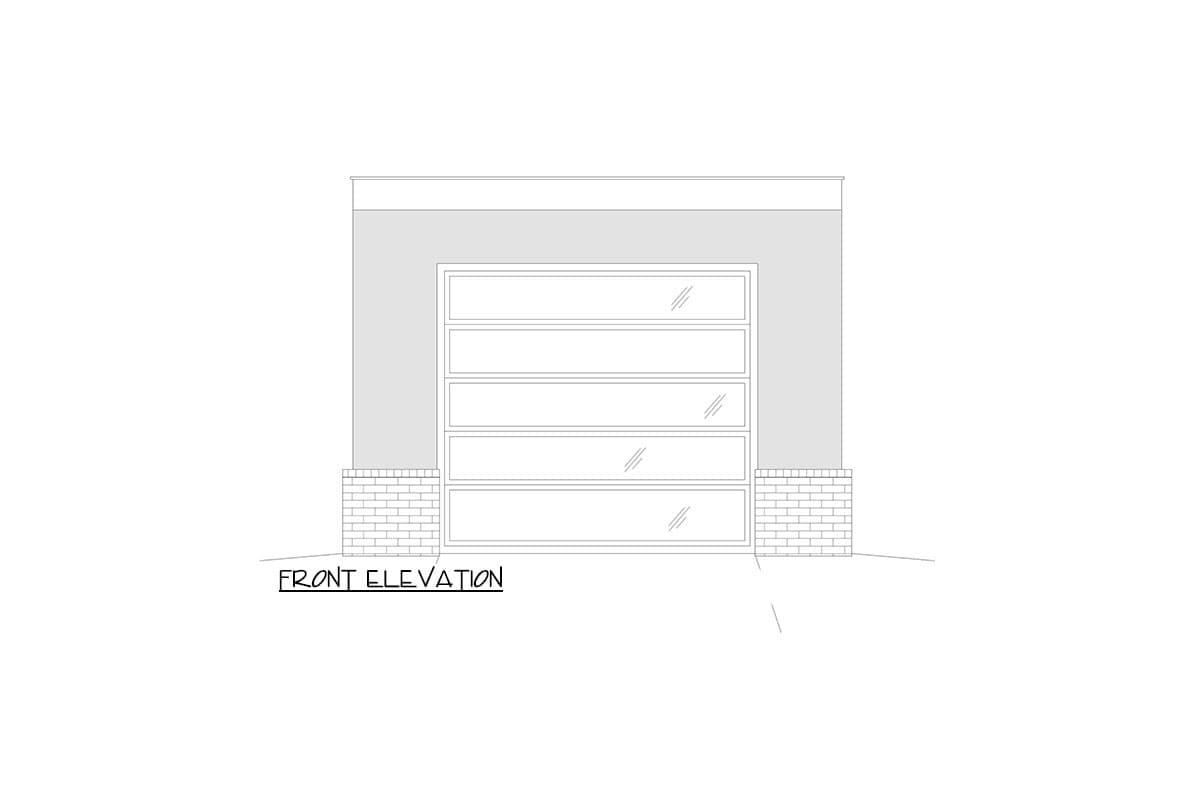 Front elevation of a house plan showing a modern garage door with glass panels, flanked by brick pillars.