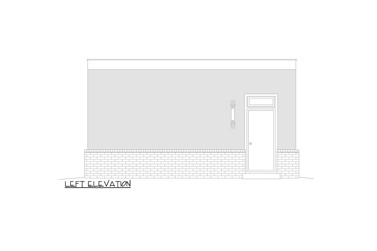 Left elevation drawing shows a house plan with a brick base, a plain wall, and a central door with a transom window and sconce.