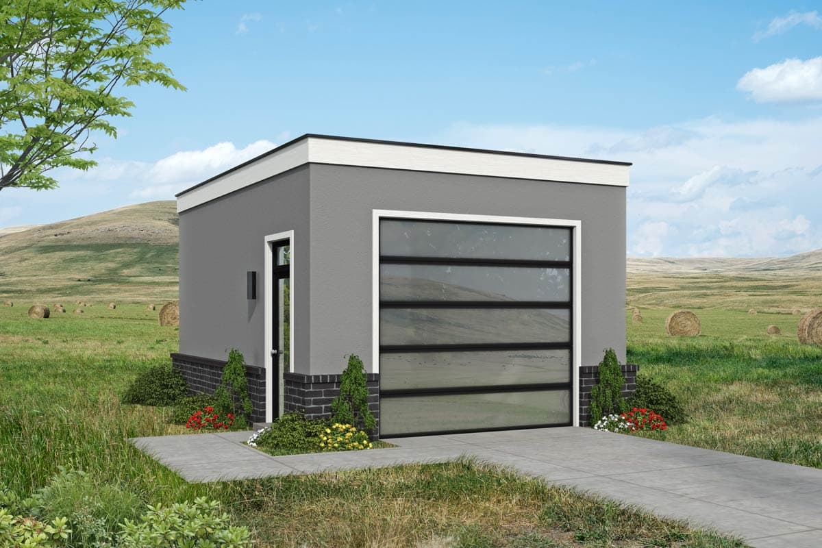 House plan exterior with a modern style, flat roof, and a garage door with a glass panel design. Includes a brick facade.