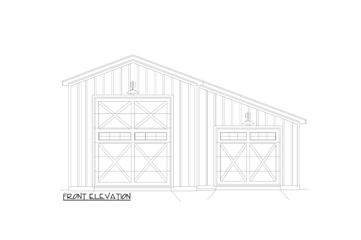 Front elevation drawing shows a building with two garage doors and a sloped roofline, featuring vertical siding and hanging light fixtures.