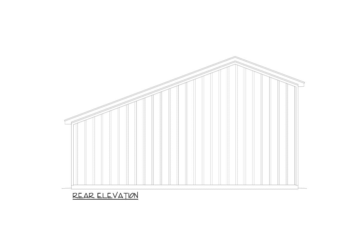 Rear elevation drawing of a house with vertical siding and a single-slope roof.