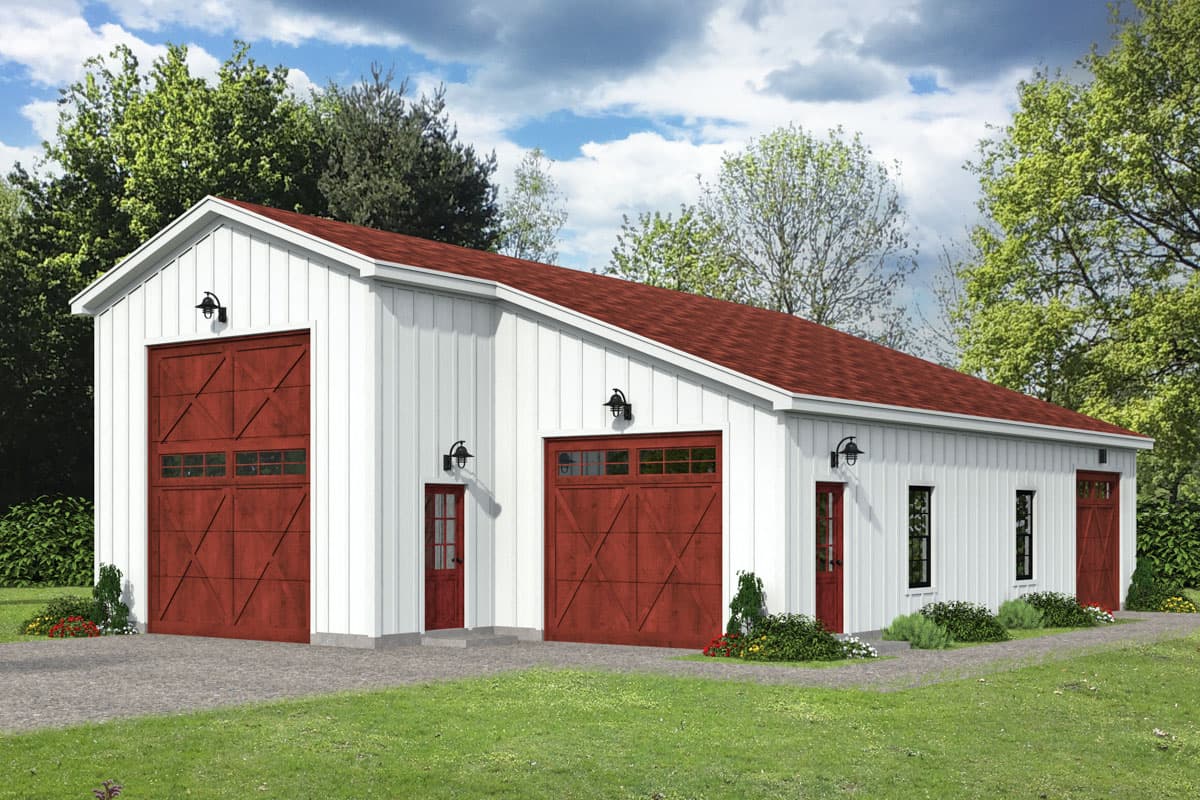 House plan exterior with two garage bays, two entry doors, and gable roof. Exterior features include board-and-batten siding and wall-mounted lights.
