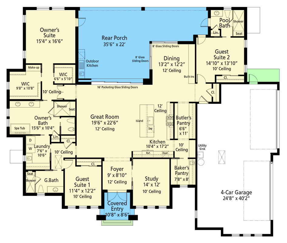 Plan 33267ZR: 3-Bed Florida-Style House Plan with Study Area - 3017 Sq Ft - Floor Plan - Main Level - Beach, Coastal, Florida-Style