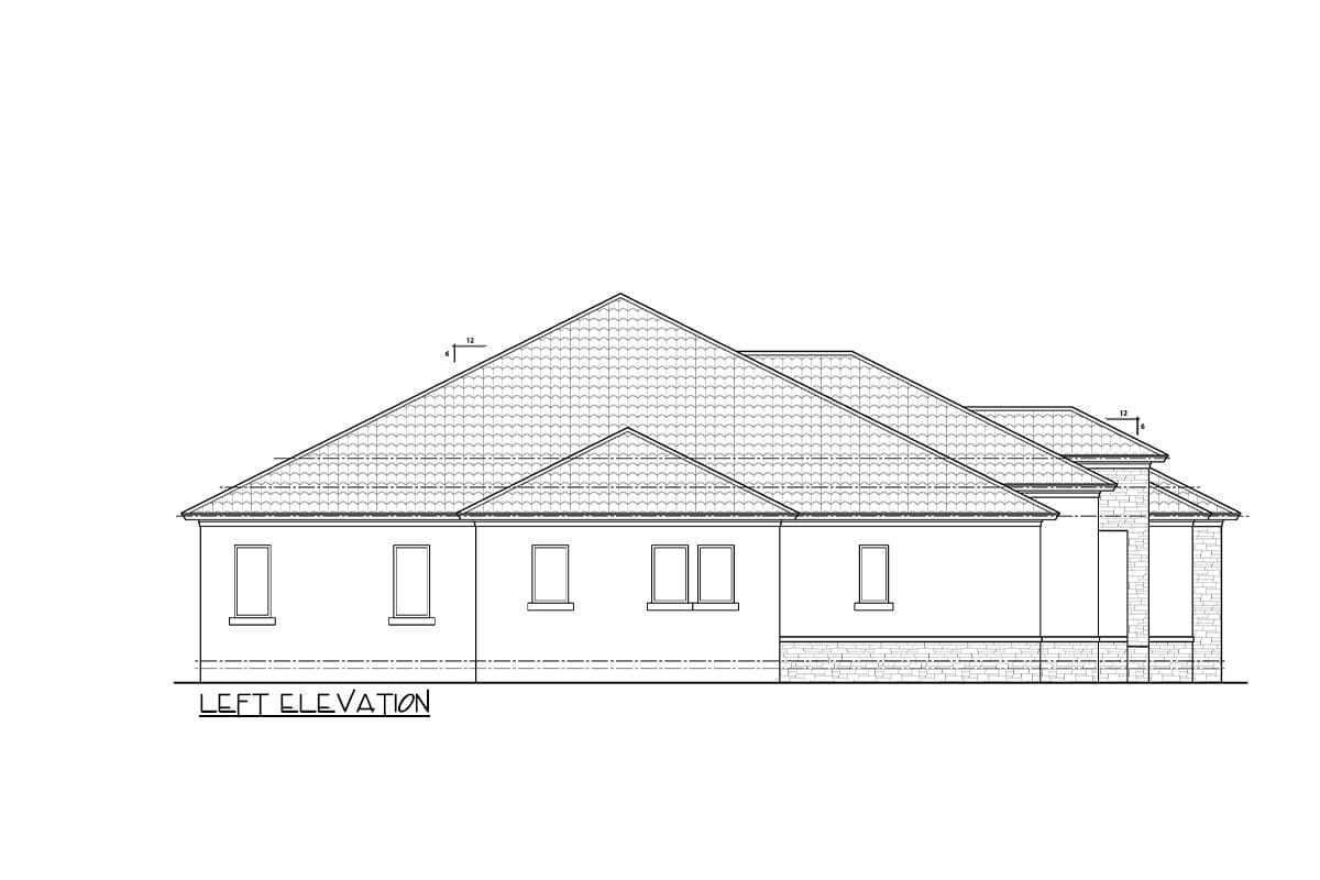 Left elevation house plan drawing showing multi-level rooflines, rectangular windows, and stone base.