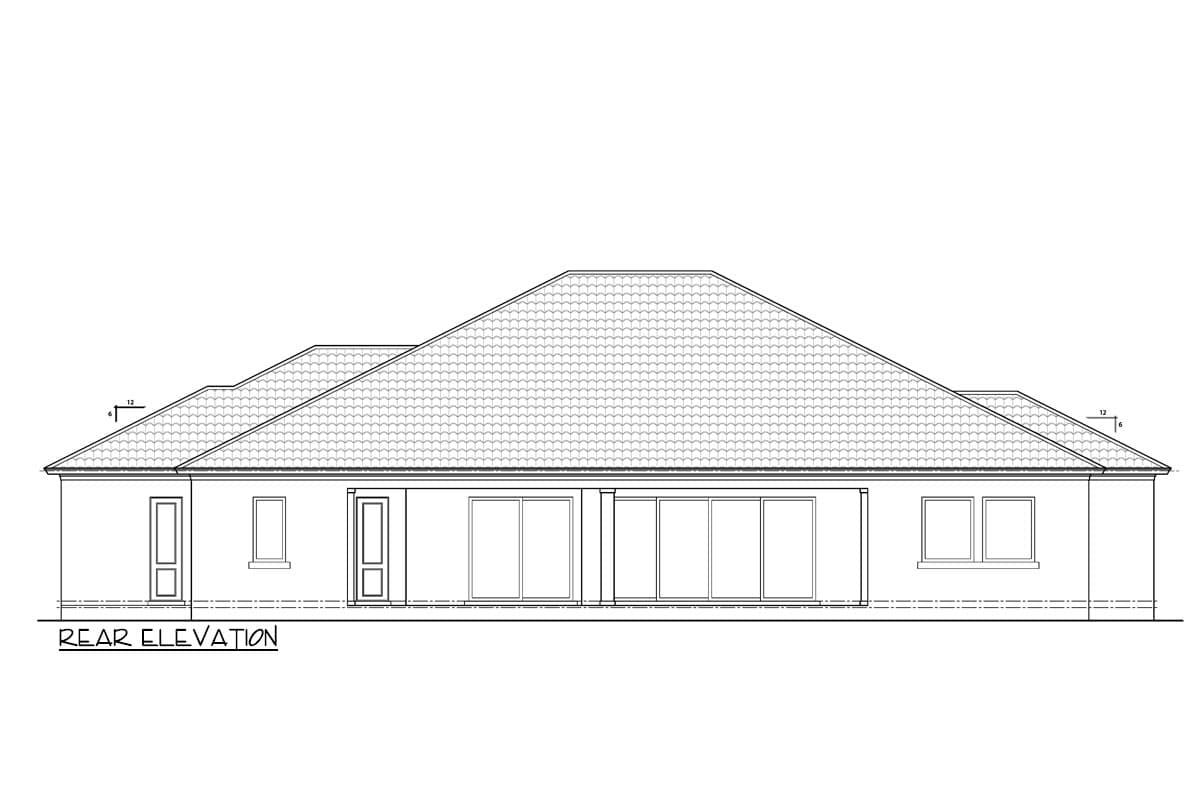 Rear elevation floor plan drawing showing two doors, sliding glass doors, and two windows.