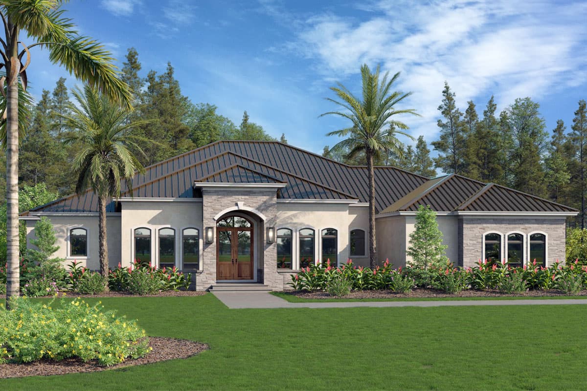 House plan exterior with a single story, light stucco, a barrel tile roof, and arched entryway with wooden double doors.