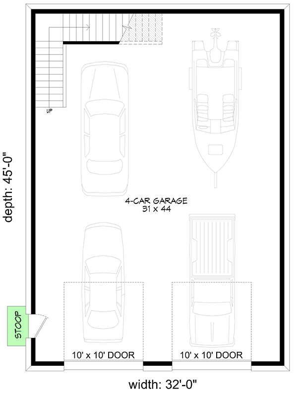 Plan 680444VR: 1-Bed Detached Carriage Garage Plan with Loft Apartment - 898 Sq Ft - Floor Plan - Main Level - Carriage, Shingle