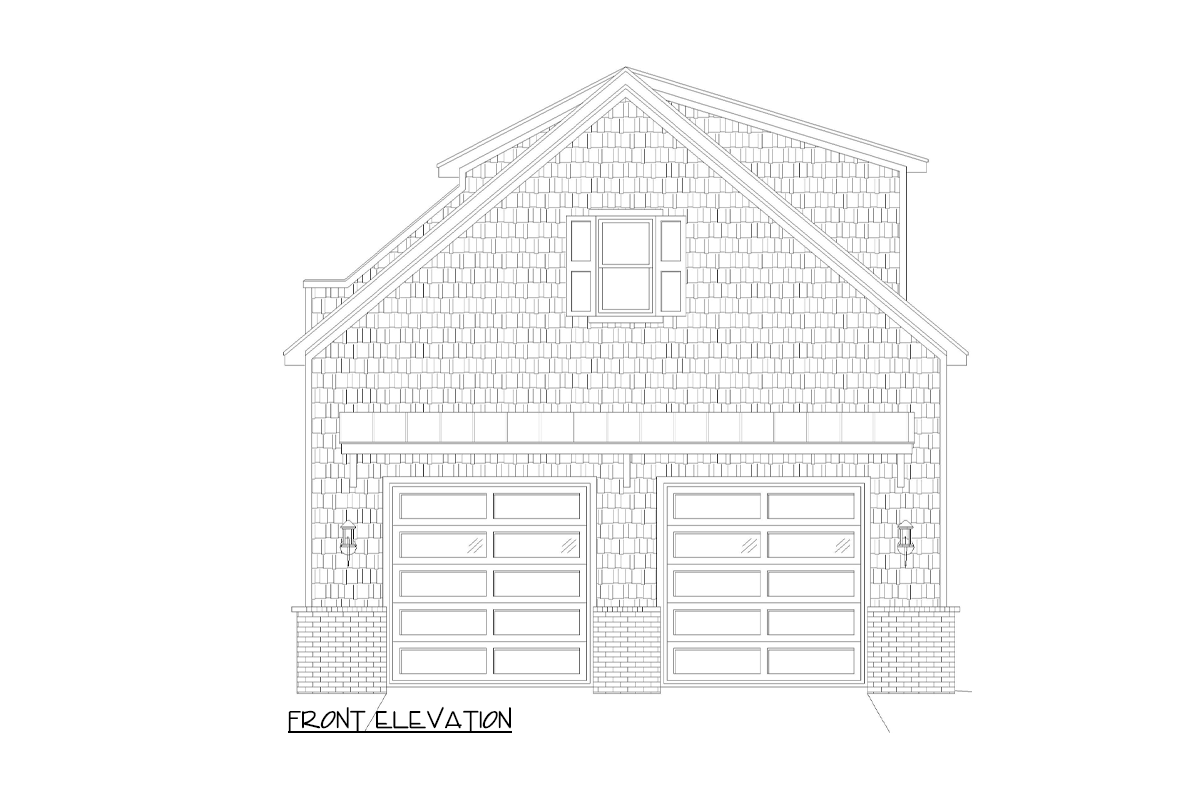 Front elevation house plan drawing showing a two-car garage with shaker shingles, a gable dormer, and brick base.