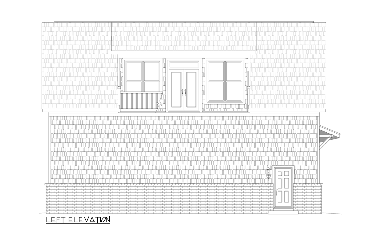 Left elevation house plan showing shingle siding, brick base, double entry doors, small porch, and windows.