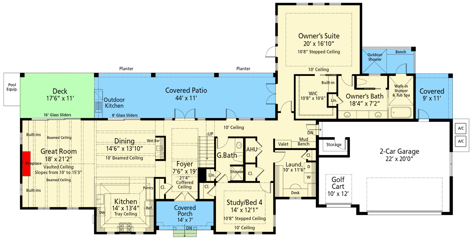 Plan 33268ZR: Two-Story Coastal Contemporary House Plan with Outdoor Kitchen - 3262 Sq Ft - Floor Plan - Main Level - Beach, Coastal, Coastal Contemporary, Florida-Style, Transitional