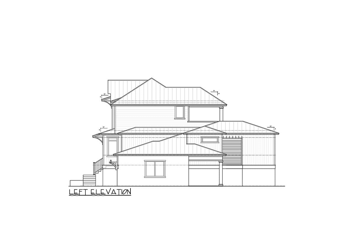 Left elevation house plan shows a two-story home with gabled rooflines, covered porch, and attached garage.