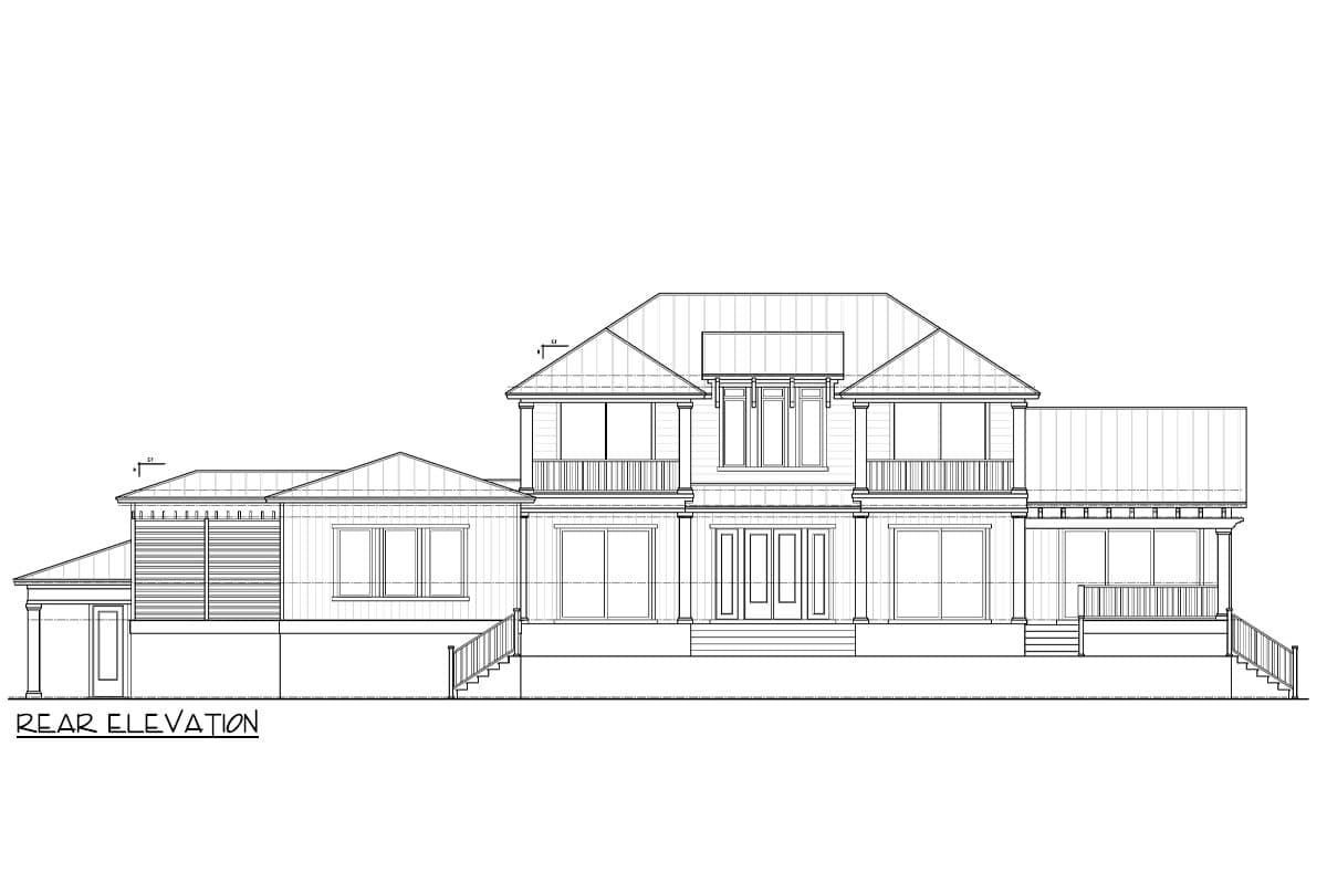Rear elevation drawing of a two-story house plan with multiple gables, balconies, and a prominent central entrance.