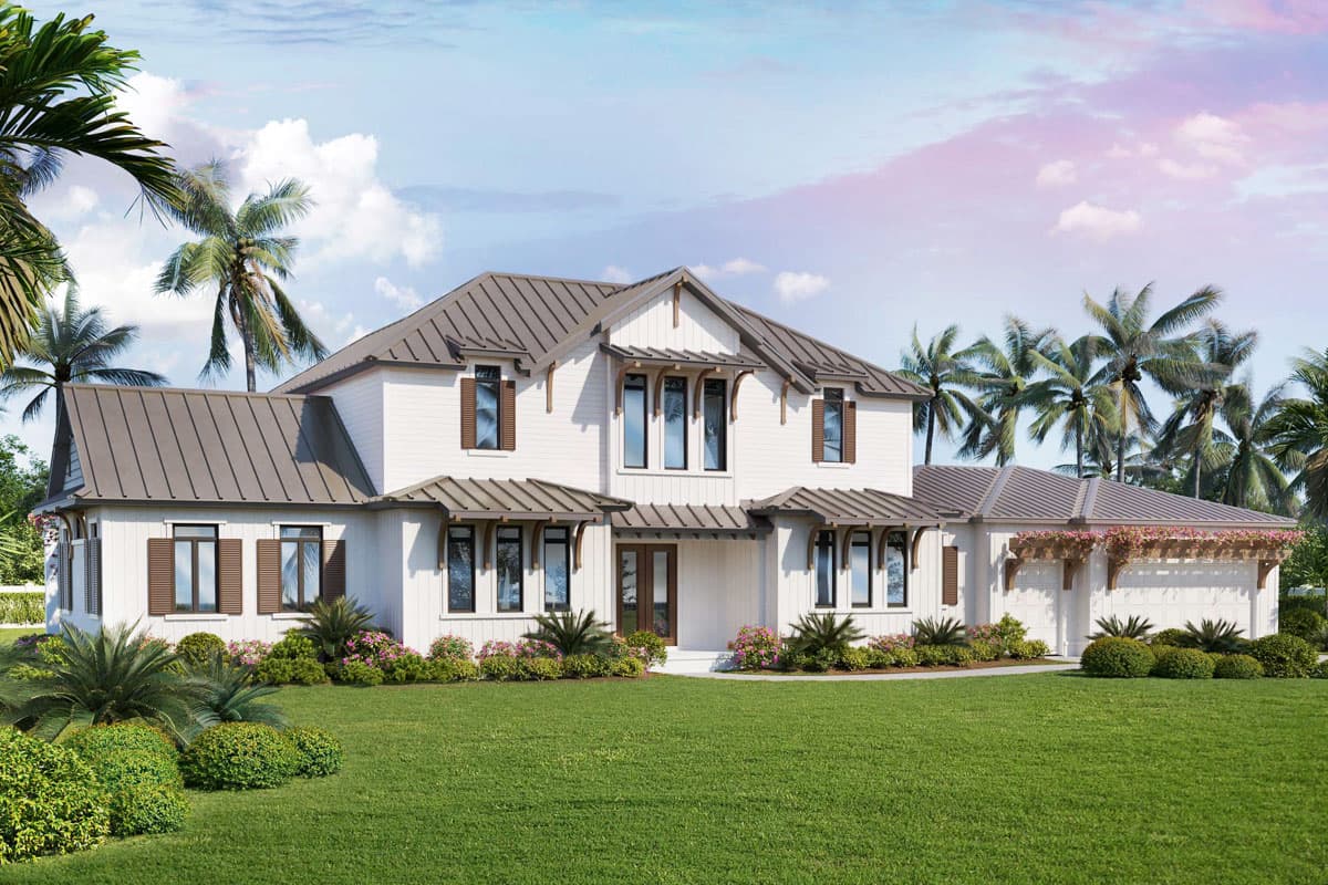 House plan exterior. Two-story home with Craftsman style. Features include multiple gabled rooflines, decorative shutters, and attached garage.