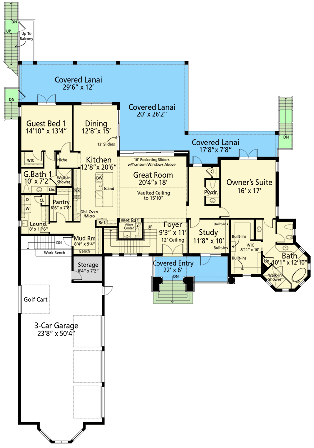 Plan 33269ZR: 5-Bed Mediterranean House Plan with Vaulted Great Room - 4234 Sq Ft - Floor Plan - Main Level - Mediterranean