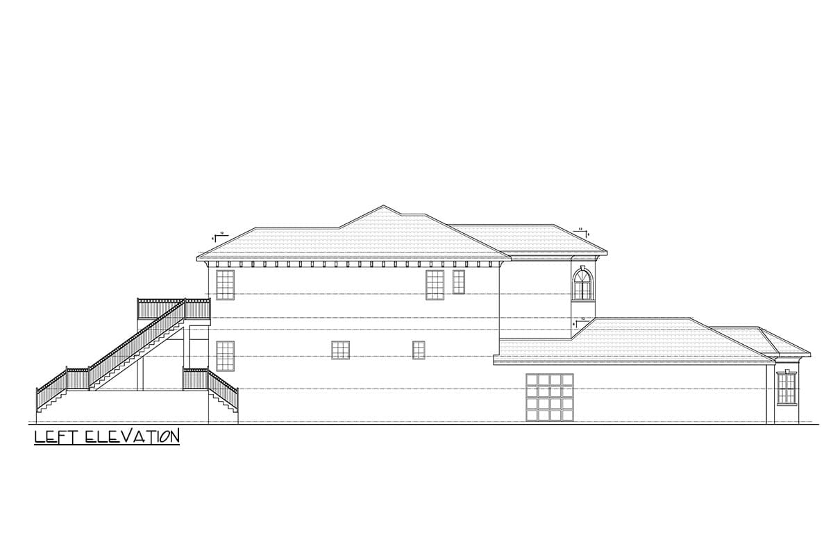 Left elevation drawing of a multi-story house with a prominent roofline and exterior stairs.
