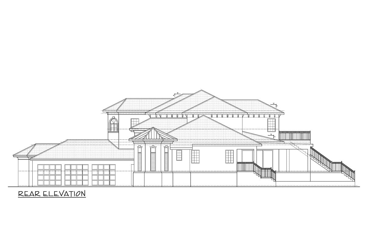 Rear elevation house plan with multiple gables, a covered entryway, and a multi-car garage.