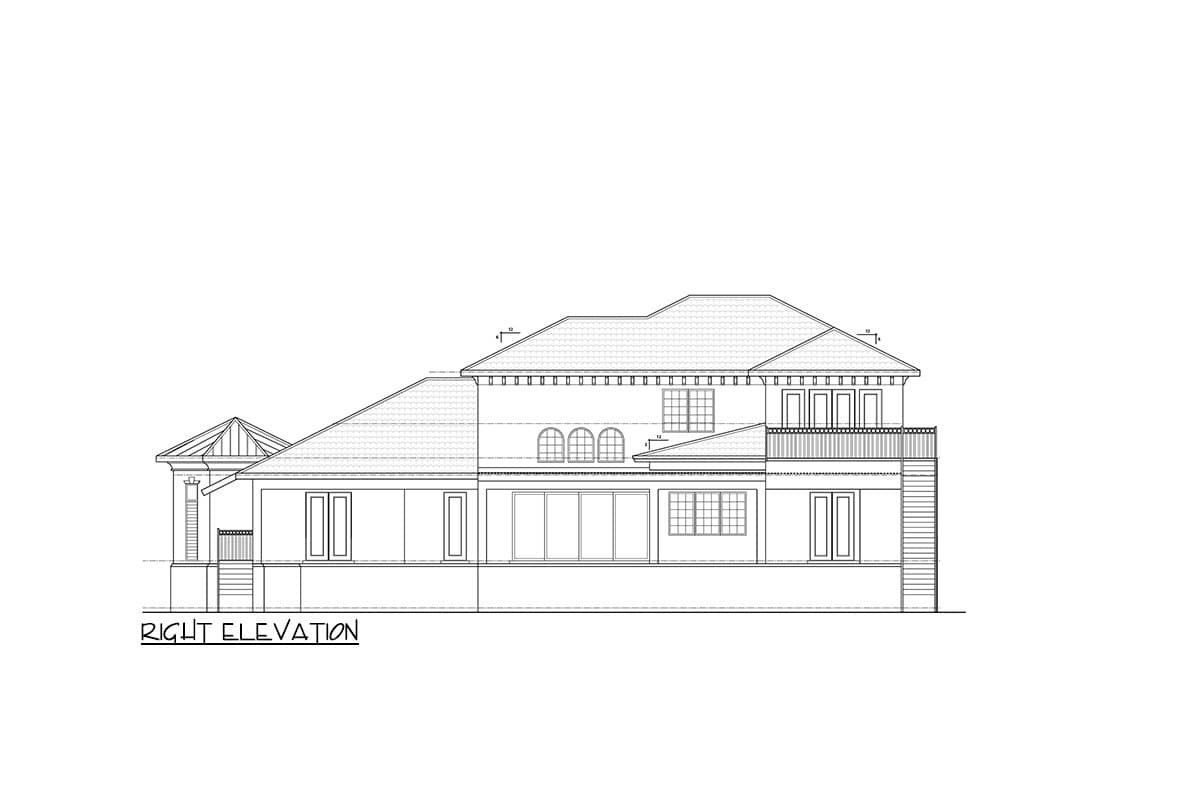 Right elevation drawing of a two-story house plan with a covered porch, arched windows, and a second-story balcony.