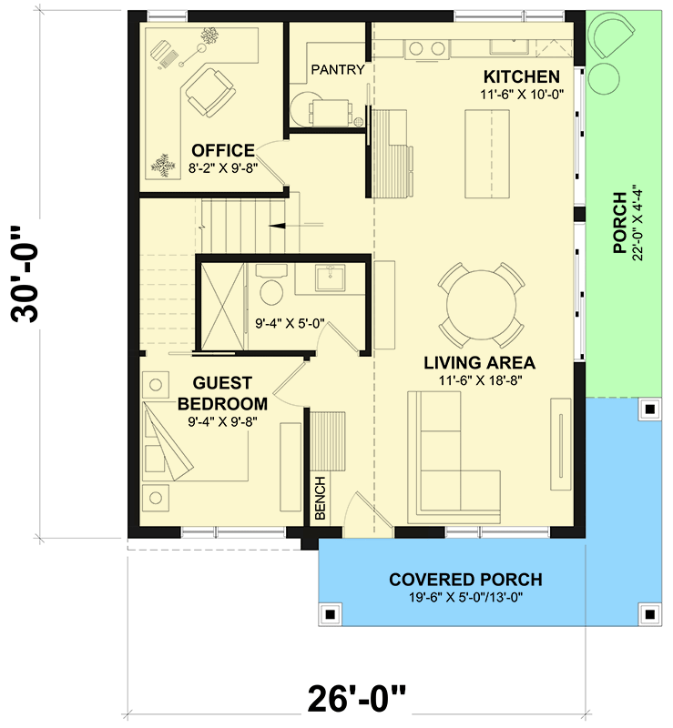 Plan 22698DR: 2-Bed Modern Vacation House Plan with Home Office and 2nd Floor Master Suite - 1200 Sq Ft - Floor Plan - Main Level - Contemporary, Modern, Mountain, Vacation