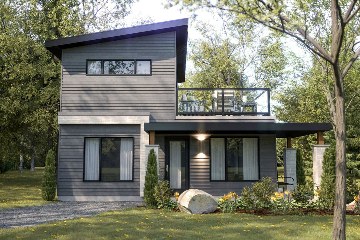 Modern two-story house plan exterior with asymmetric roofline, horizontal siding, upper balcony, and covered entry.