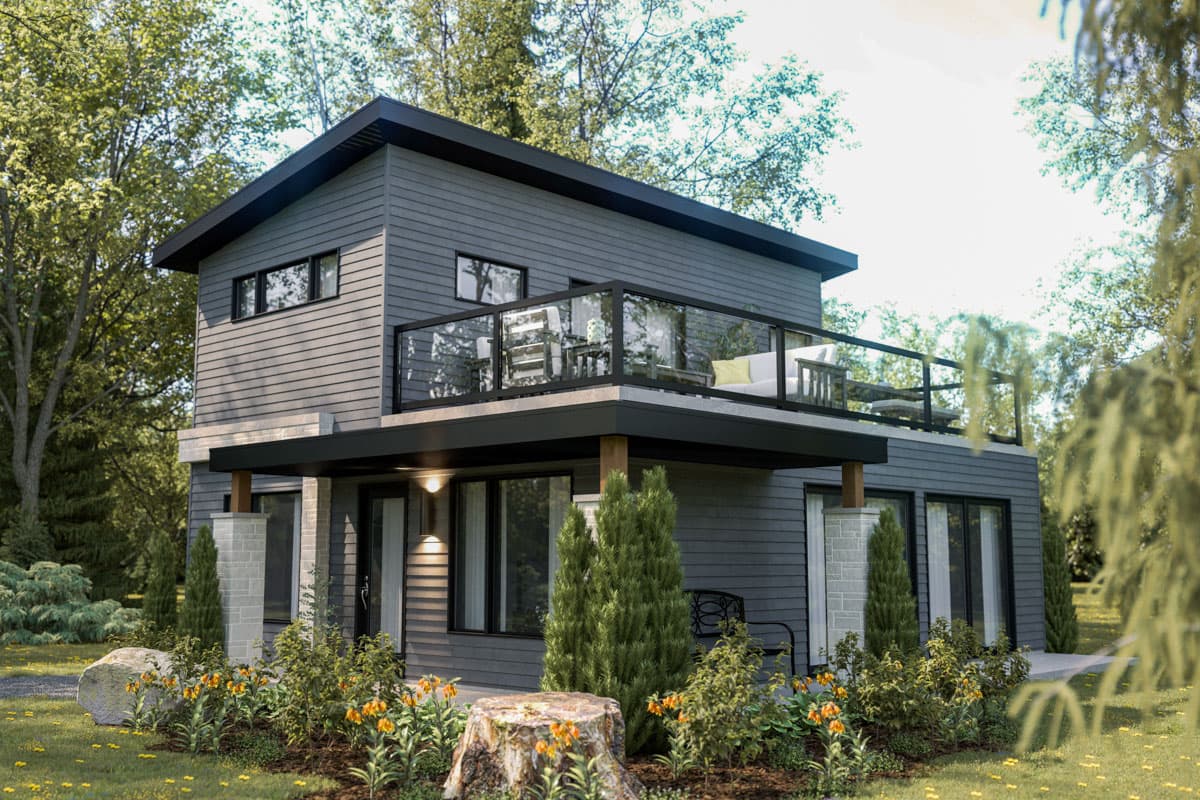 Modern two-story house plan exterior with a cantilevered upper balcony, dark siding, and a covered front entrance.